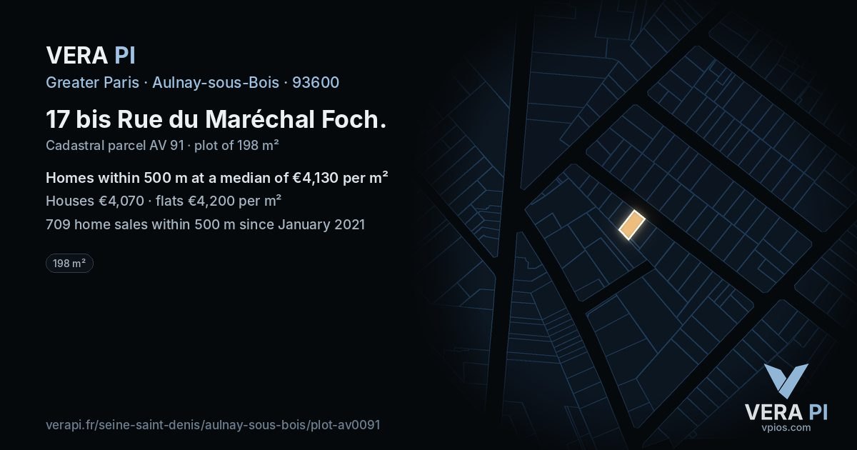 17 bis Rue du Maréchal Foch, Aulnay-sous-Bois at night – the plot lit, the parcels around coloured by the prices near them