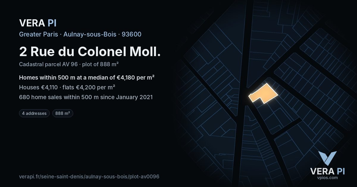 2 Rue du Colonel Moll, Aulnay-sous-Bois at night – the plot lit, the parcels around coloured by the prices near them