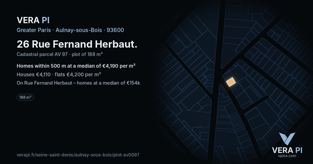26 Rue Fernand Herbaut, Aulnay-sous-Bois at night – the plot lit, the parcels around coloured by the prices near them