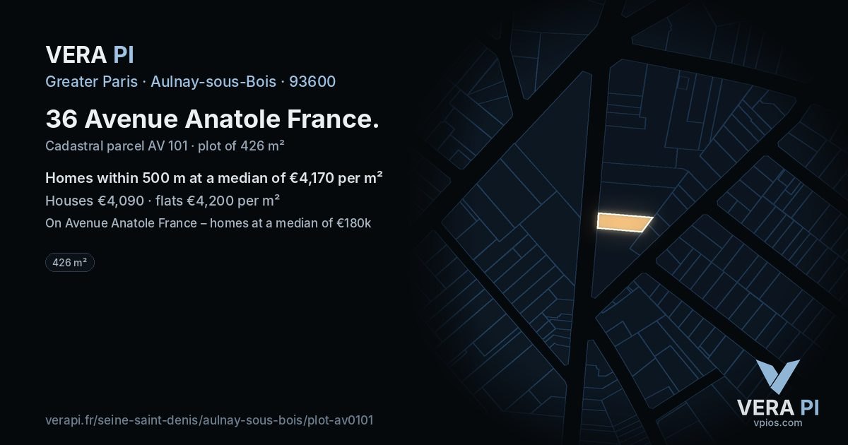 36 Avenue Anatole France, Aulnay-sous-Bois at night – the plot lit, the parcels around coloured by the prices near them