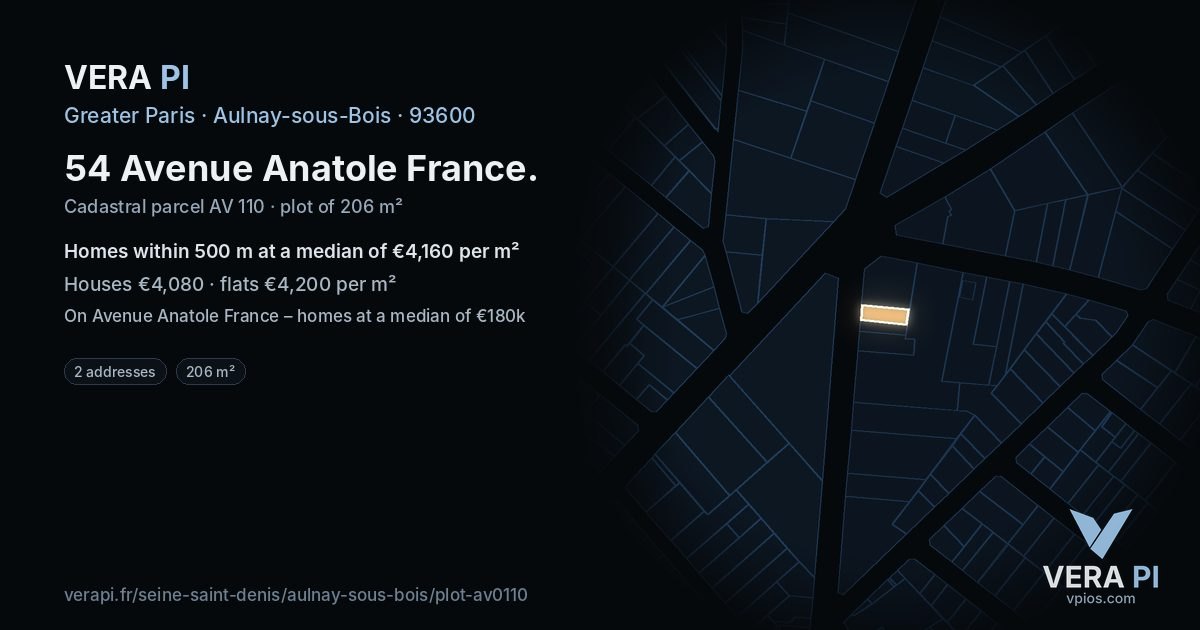 54 Avenue Anatole France, Aulnay-sous-Bois at night – the plot lit, the parcels around coloured by the prices near them