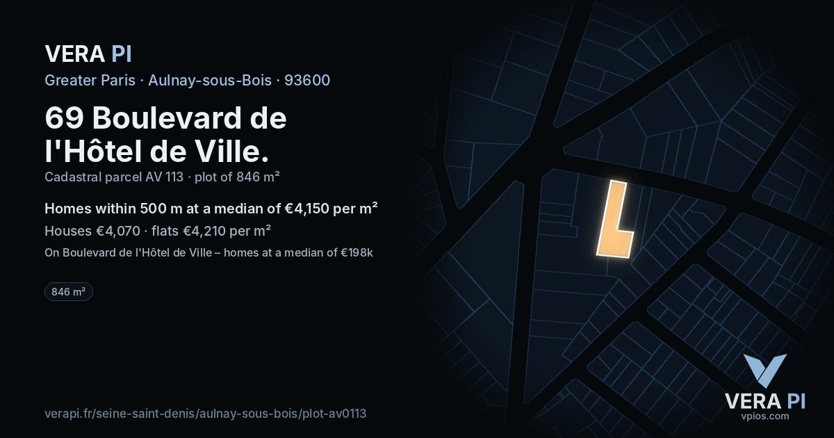 69 Boulevard de l'Hôtel de Ville, Aulnay-sous-Bois at night – the plot lit, the parcels around coloured by the prices near them