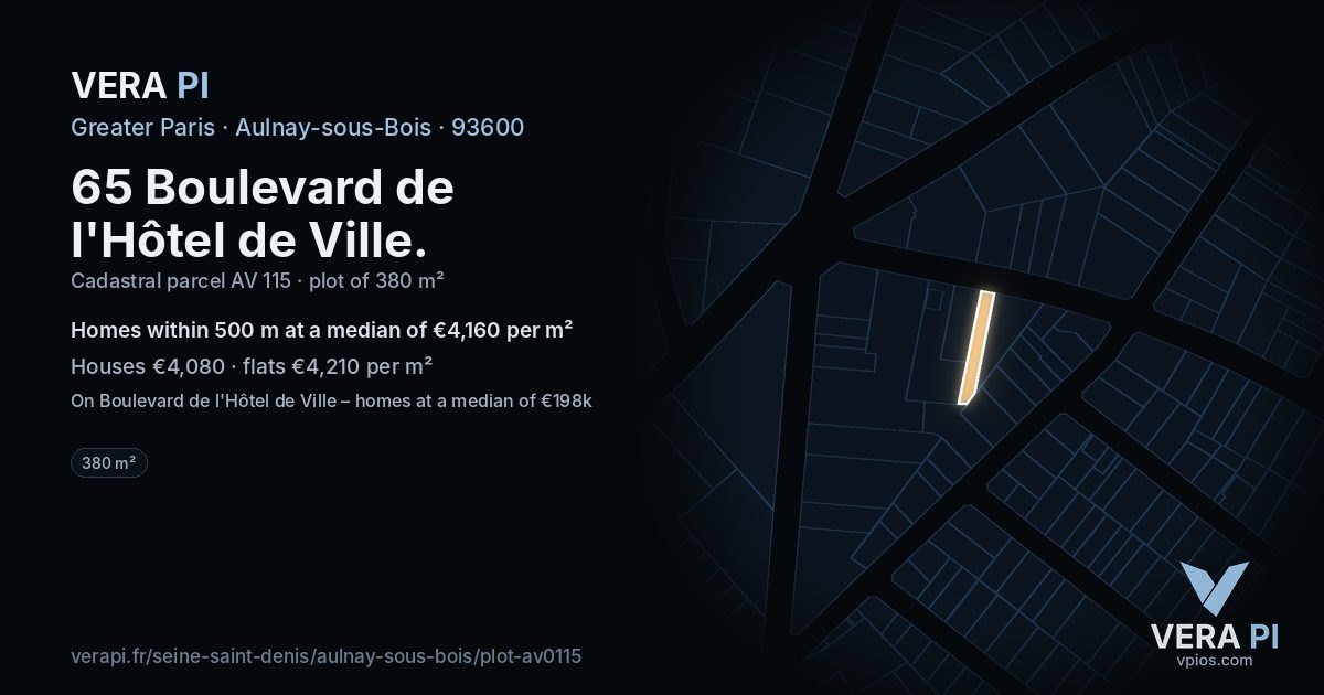 65 Boulevard de l'Hôtel de Ville, Aulnay-sous-Bois at night – the plot lit, the parcels around coloured by the prices near them