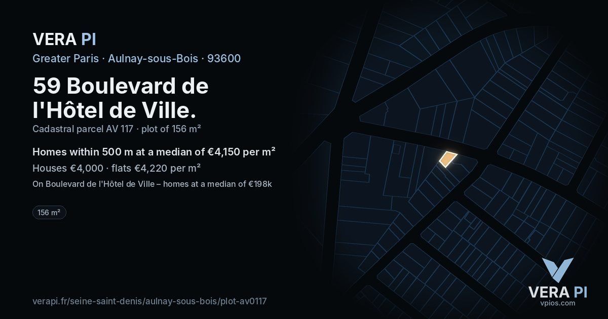 59 Boulevard de l'Hôtel de Ville, Aulnay-sous-Bois at night – the plot lit, the parcels around coloured by the prices near them