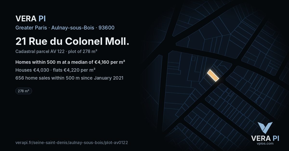 21 Rue du Colonel Moll, Aulnay-sous-Bois at night – the plot lit, the parcels around coloured by the prices near them
