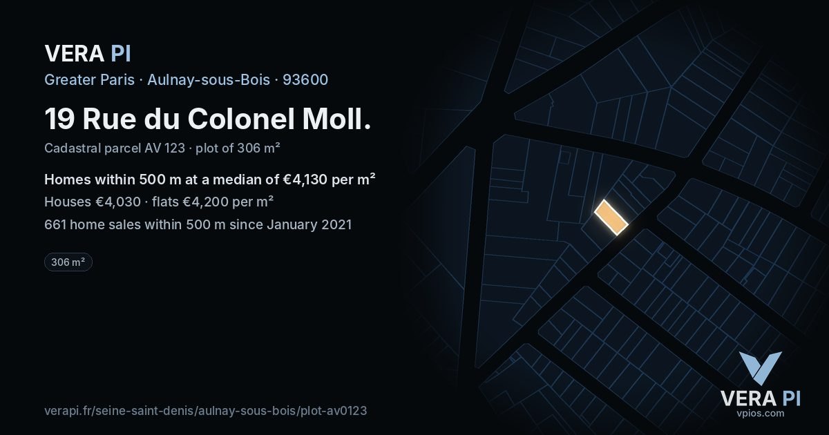 19 Rue du Colonel Moll, Aulnay-sous-Bois at night – the plot lit, the parcels around coloured by the prices near them