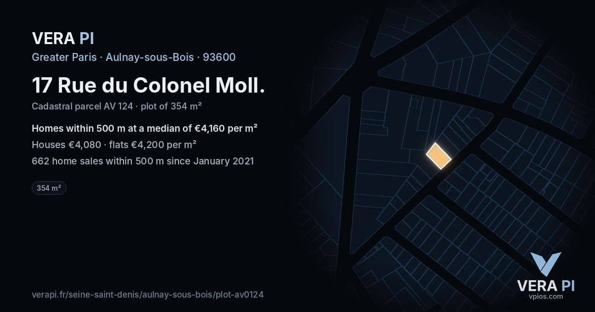 17 Rue du Colonel Moll, Aulnay-sous-Bois at night – the plot lit, the parcels around coloured by the prices near them