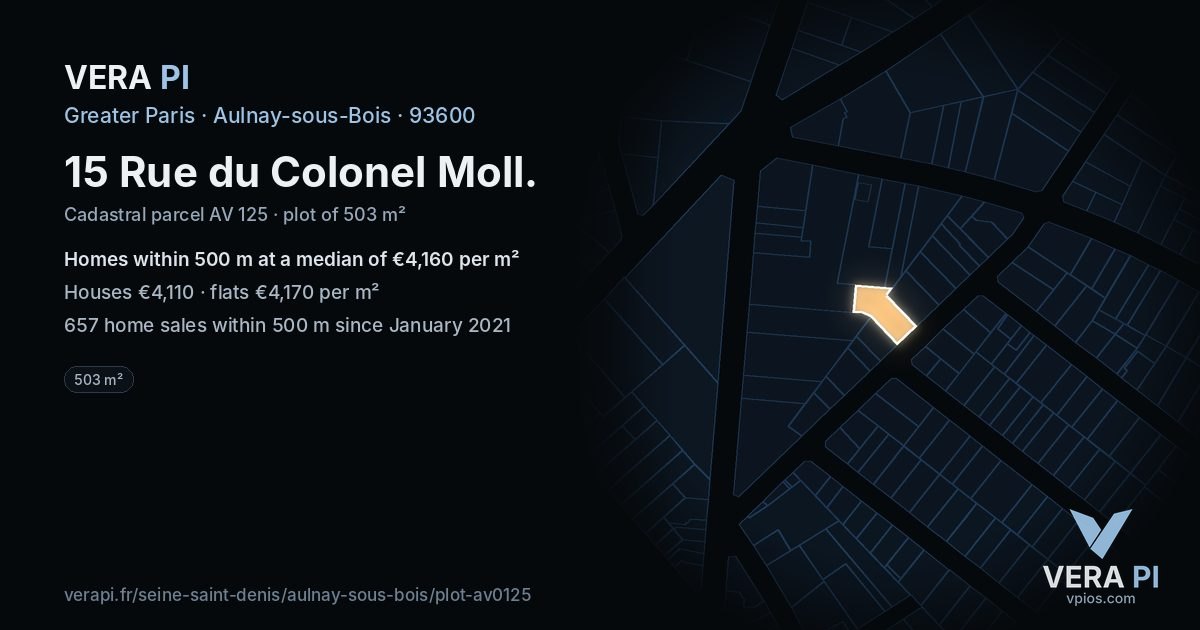 15 Rue du Colonel Moll, Aulnay-sous-Bois at night – the plot lit, the parcels around coloured by the prices near them