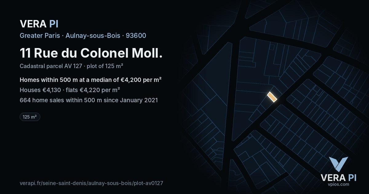 11 Rue du Colonel Moll, Aulnay-sous-Bois at night – the plot lit, the parcels around coloured by the prices near them