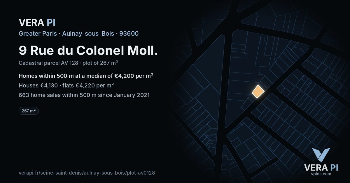 9 Rue du Colonel Moll, Aulnay-sous-Bois at night – the plot lit, the parcels around coloured by the prices near them