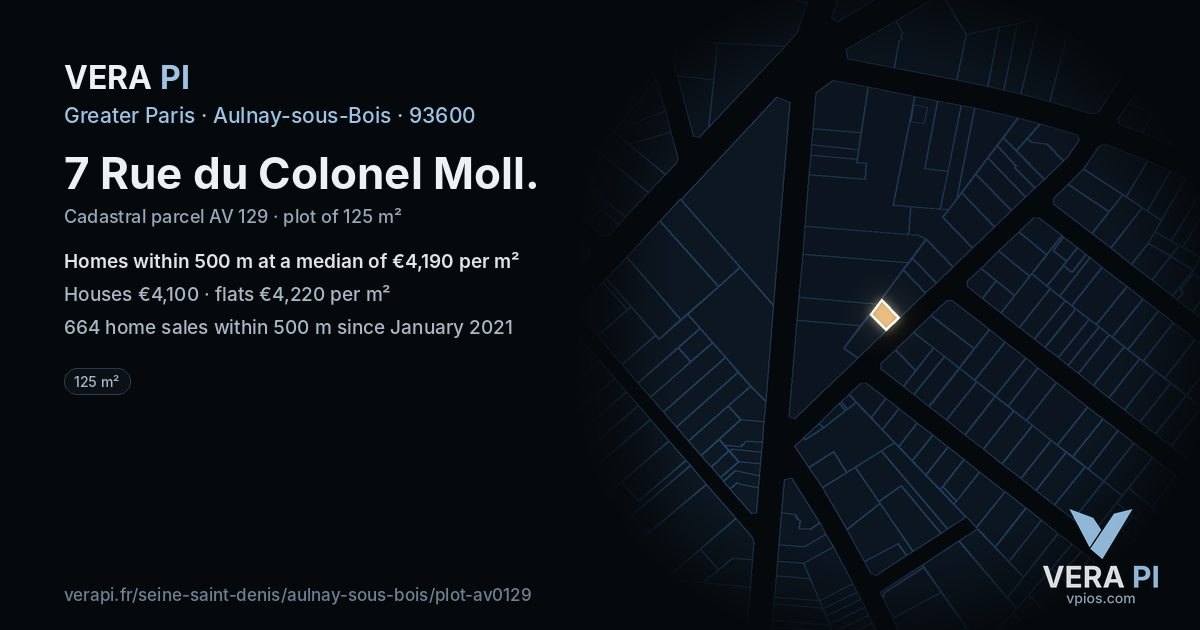 7 Rue du Colonel Moll, Aulnay-sous-Bois at night – the plot lit, the parcels around coloured by the prices near them