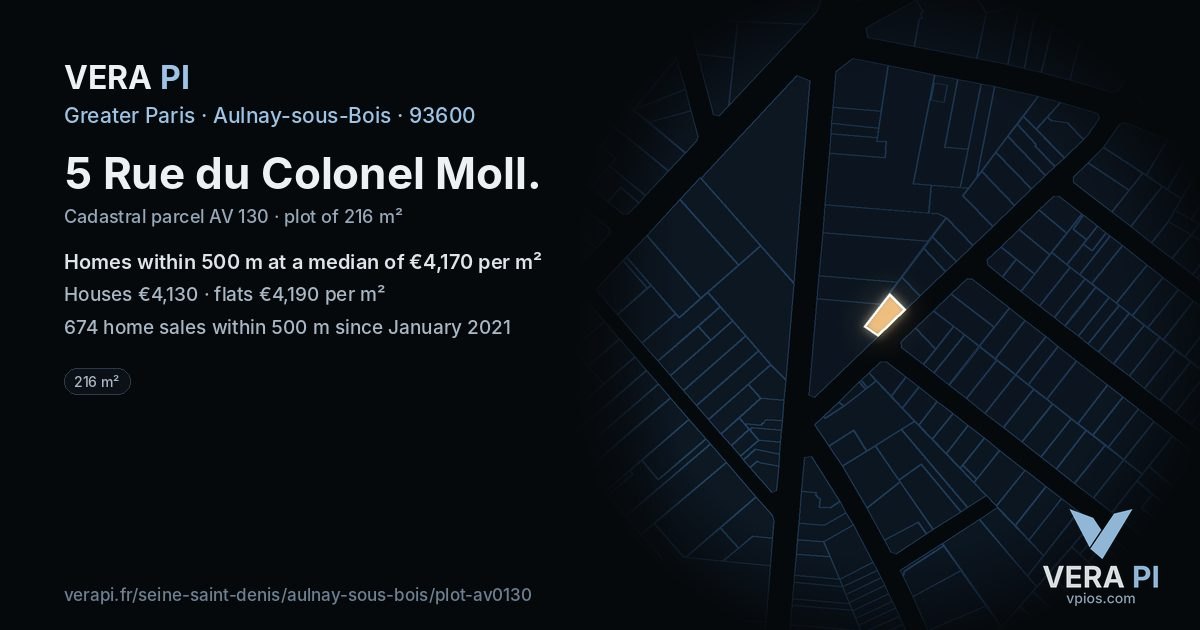 5 Rue du Colonel Moll, Aulnay-sous-Bois at night – the plot lit, the parcels around coloured by the prices near them