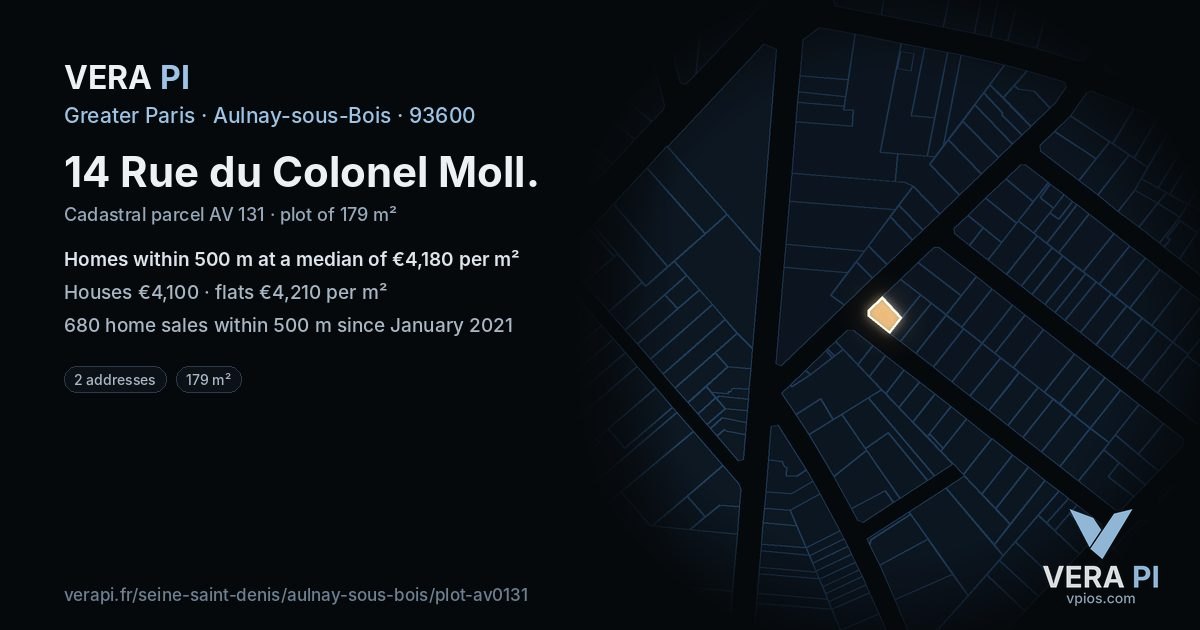 14 Rue du Colonel Moll, Aulnay-sous-Bois at night – the plot lit, the parcels around coloured by the prices near them