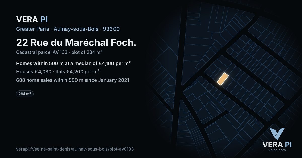 22 Rue du Maréchal Foch, Aulnay-sous-Bois at night – the plot lit, the parcels around coloured by the prices near them