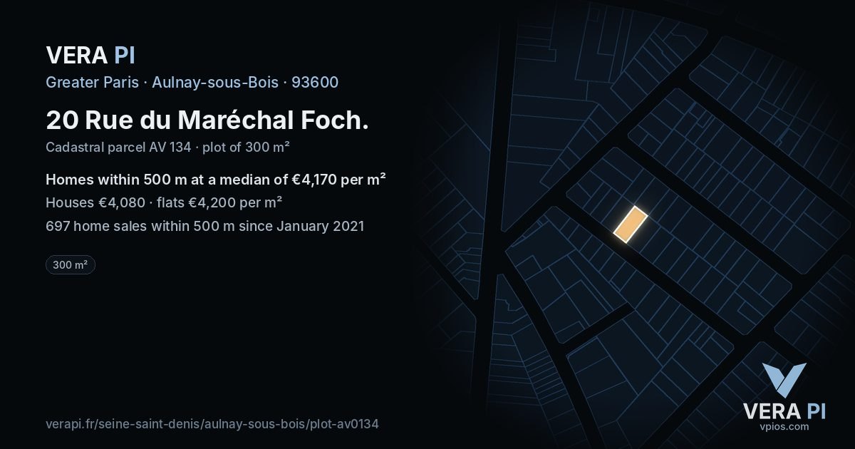 20 Rue du Maréchal Foch, Aulnay-sous-Bois at night – the plot lit, the parcels around coloured by the prices near them