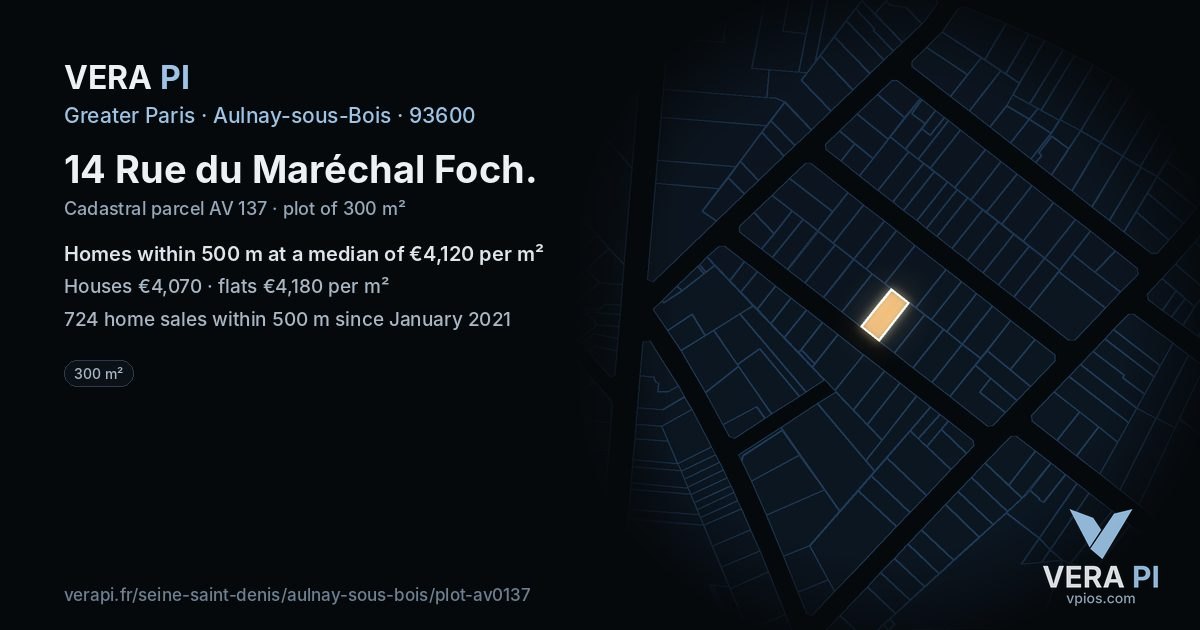 14 Rue du Maréchal Foch, Aulnay-sous-Bois at night – the plot lit, the parcels around coloured by the prices near them