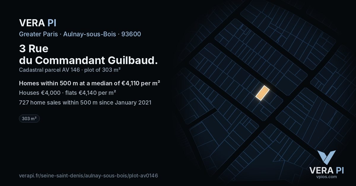 3 Rue du Commandant Guilbaud, Aulnay-sous-Bois at night – the plot lit, the parcels around coloured by the prices near them