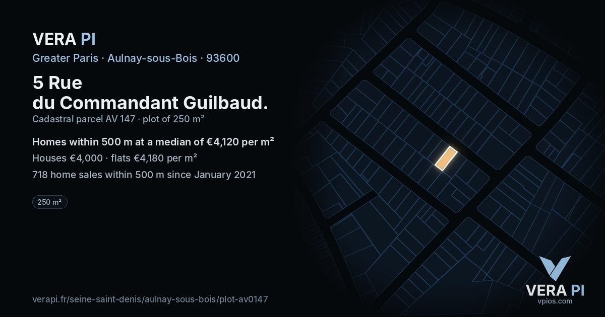 5 Rue du Commandant Guilbaud, Aulnay-sous-Bois at night – the plot lit, the parcels around coloured by the prices near them