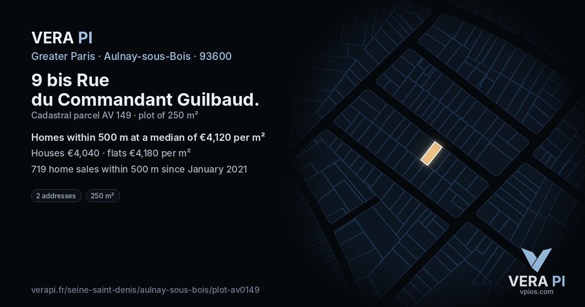 9 bis Rue du Commandant Guilbaud, Aulnay-sous-Bois at night – the plot lit, the parcels around coloured by the prices near them