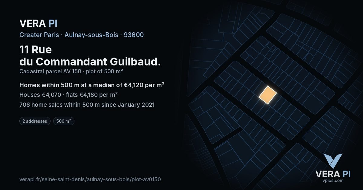 11 Rue du Commandant Guilbaud, Aulnay-sous-Bois at night – the plot lit, the parcels around coloured by the prices near them