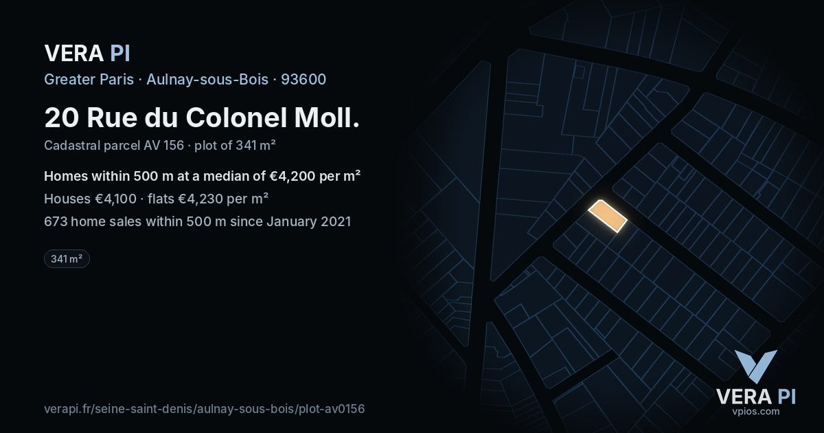 20 Rue du Colonel Moll, Aulnay-sous-Bois at night – the plot lit, the parcels around coloured by the prices near them
