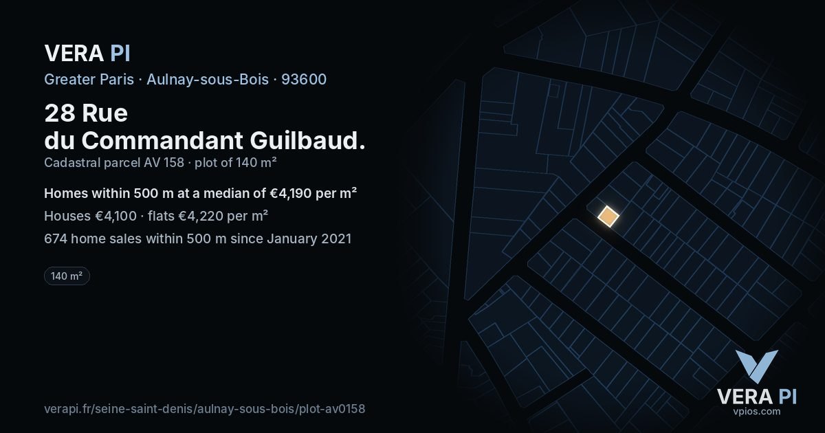 28 Rue du Commandant Guilbaud, Aulnay-sous-Bois at night – the plot lit, the parcels around coloured by the prices near them