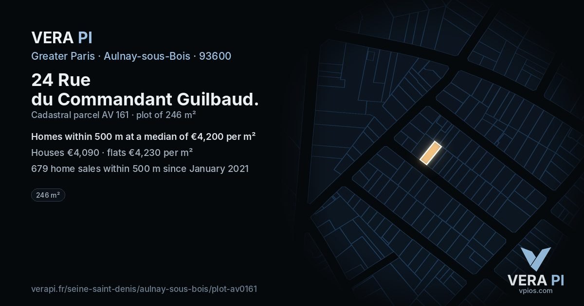 24 Rue du Commandant Guilbaud, Aulnay-sous-Bois at night – the plot lit, the parcels around coloured by the prices near them
