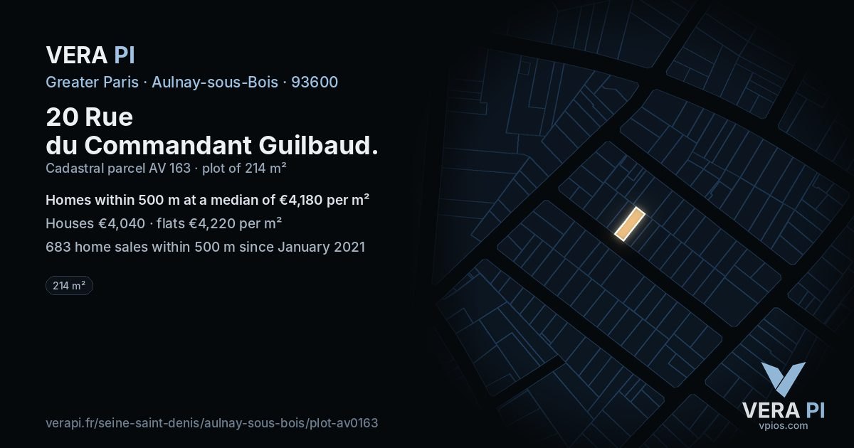 20 Rue du Commandant Guilbaud, Aulnay-sous-Bois at night – the plot lit, the parcels around coloured by the prices near them