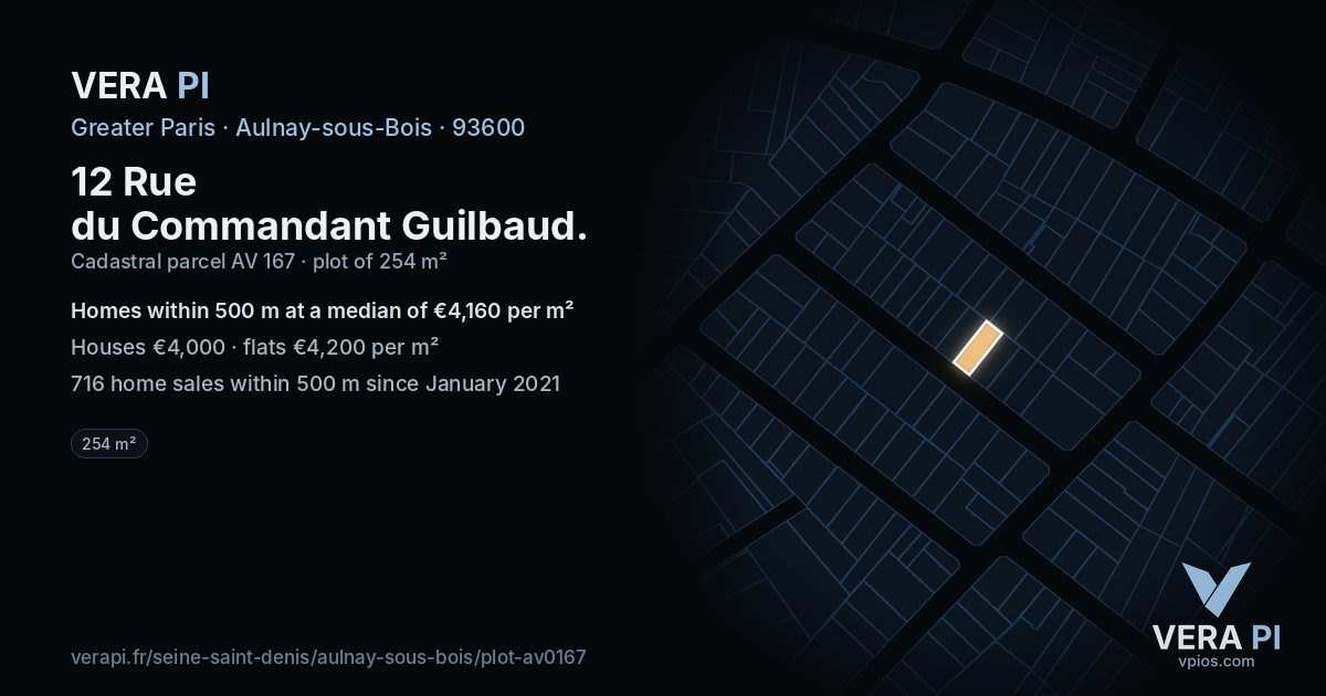 12 Rue du Commandant Guilbaud, Aulnay-sous-Bois at night – the plot lit, the parcels around coloured by the prices near them