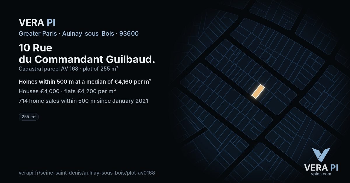 10 Rue du Commandant Guilbaud, Aulnay-sous-Bois at night – the plot lit, the parcels around coloured by the prices near them