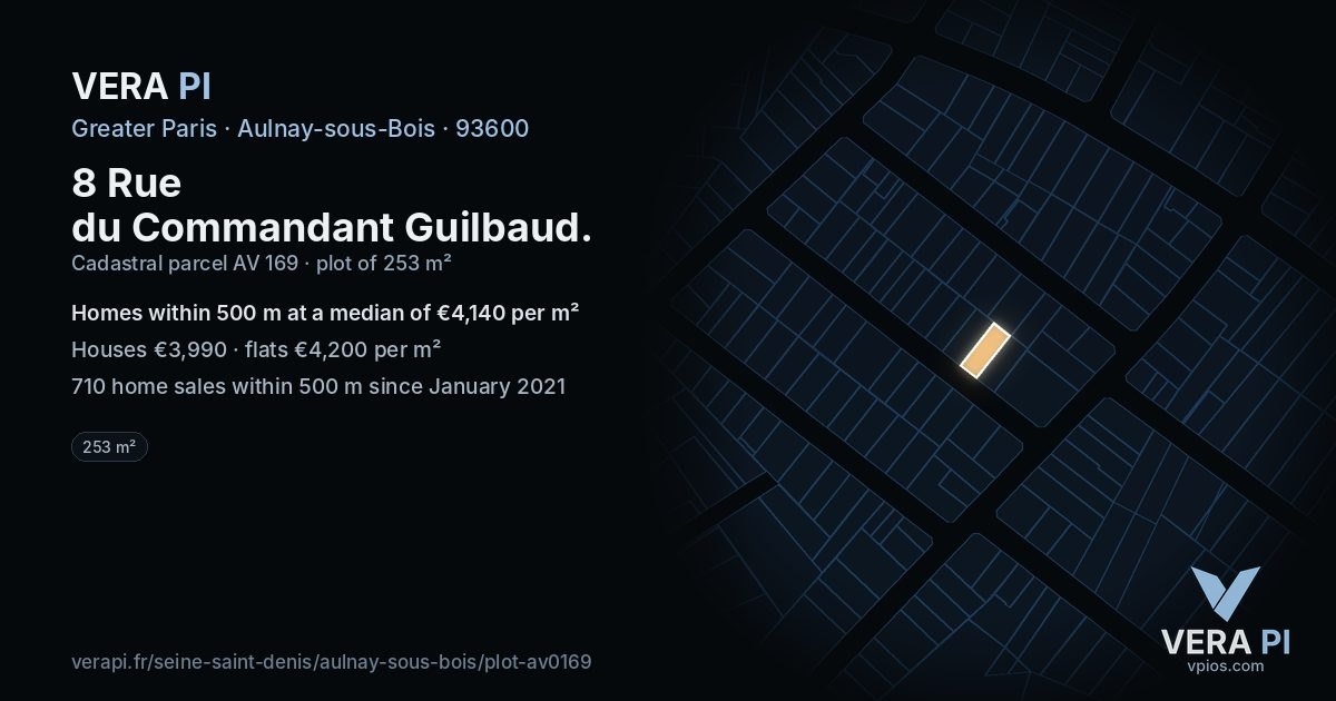 8 Rue du Commandant Guilbaud, Aulnay-sous-Bois at night – the plot lit, the parcels around coloured by the prices near them