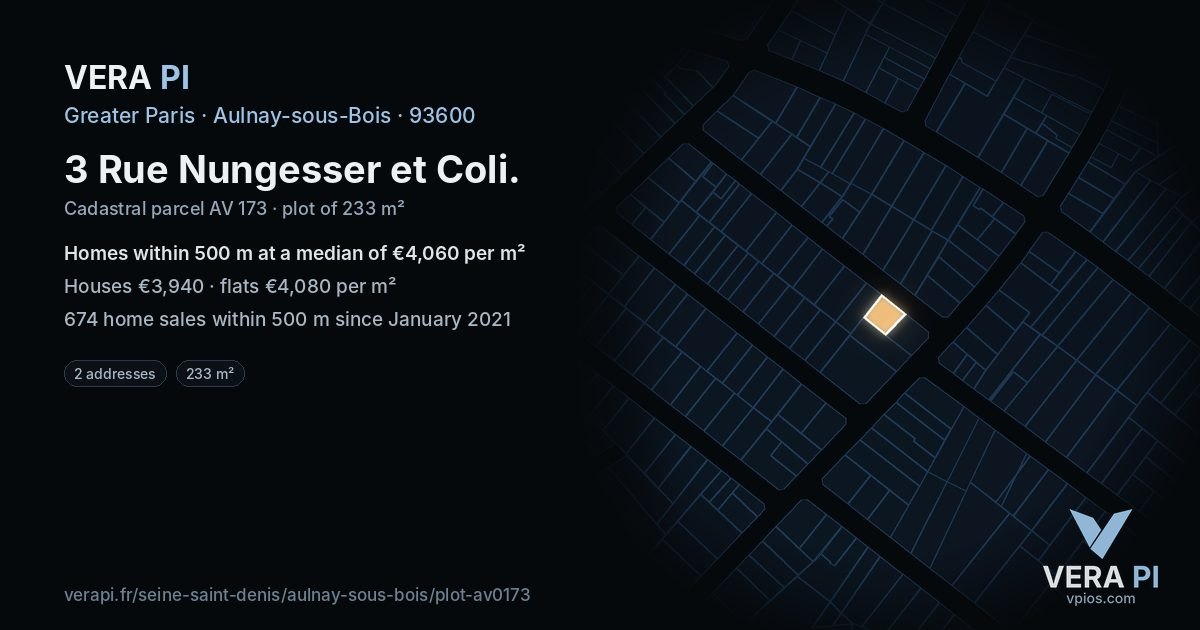 3 Rue Nungesser et Coli, Aulnay-sous-Bois at night – the plot lit, the parcels around coloured by the prices near them