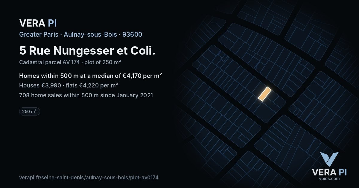 5 Rue Nungesser et Coli, Aulnay-sous-Bois at night – the plot lit, the parcels around coloured by the prices near them