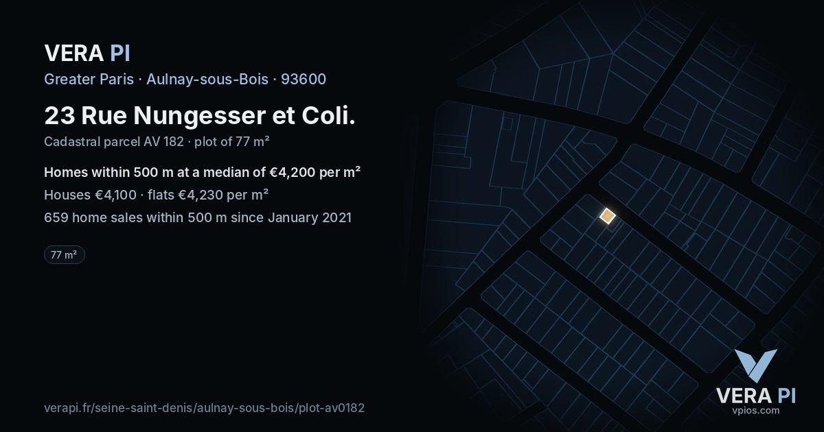 23 Rue Nungesser et Coli, Aulnay-sous-Bois at night – the plot lit, the parcels around coloured by the prices near them