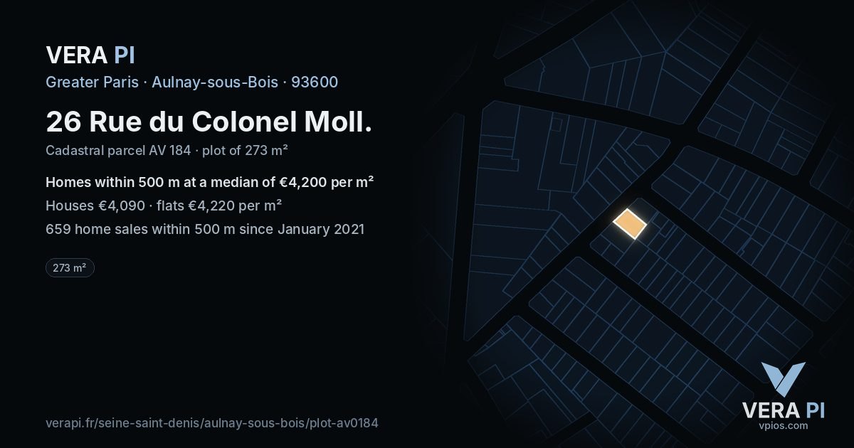 26 Rue du Colonel Moll, Aulnay-sous-Bois at night – the plot lit, the parcels around coloured by the prices near them