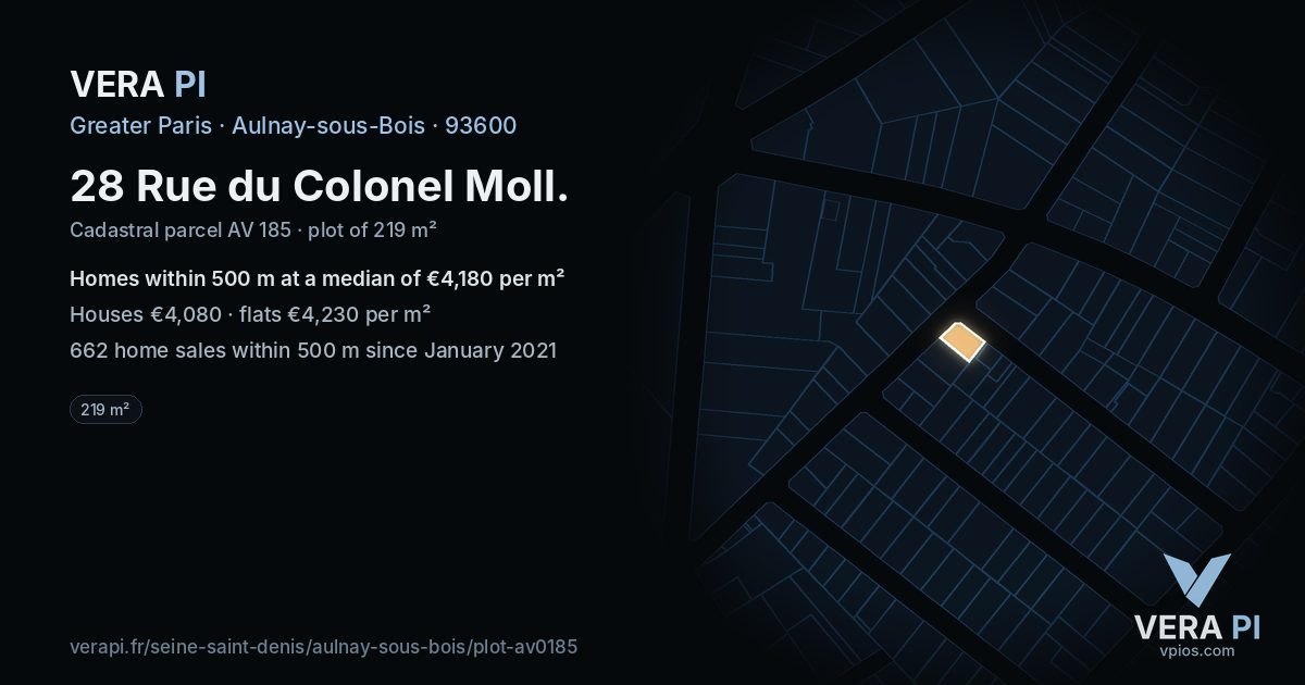 28 Rue du Colonel Moll, Aulnay-sous-Bois at night – the plot lit, the parcels around coloured by the prices near them