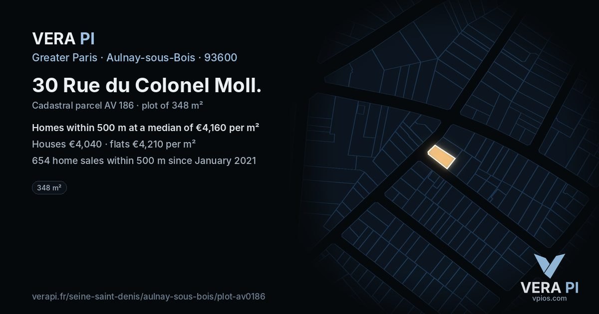 30 Rue du Colonel Moll, Aulnay-sous-Bois at night – the plot lit, the parcels around coloured by the prices near them