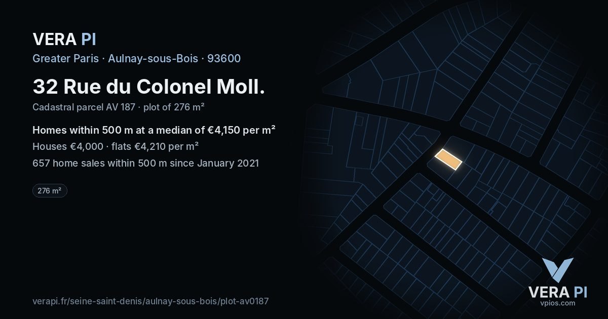 32 Rue du Colonel Moll, Aulnay-sous-Bois at night – the plot lit, the parcels around coloured by the prices near them