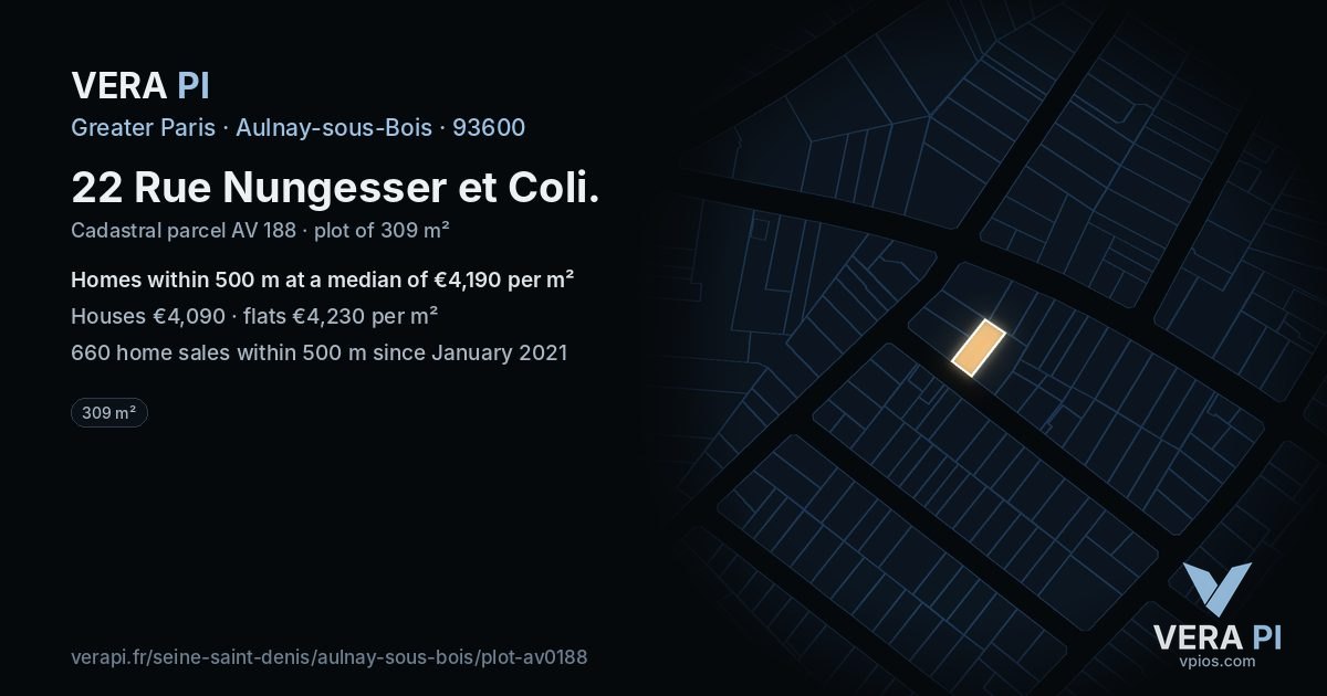 22 Rue Nungesser et Coli, Aulnay-sous-Bois at night – the plot lit, the parcels around coloured by the prices near them