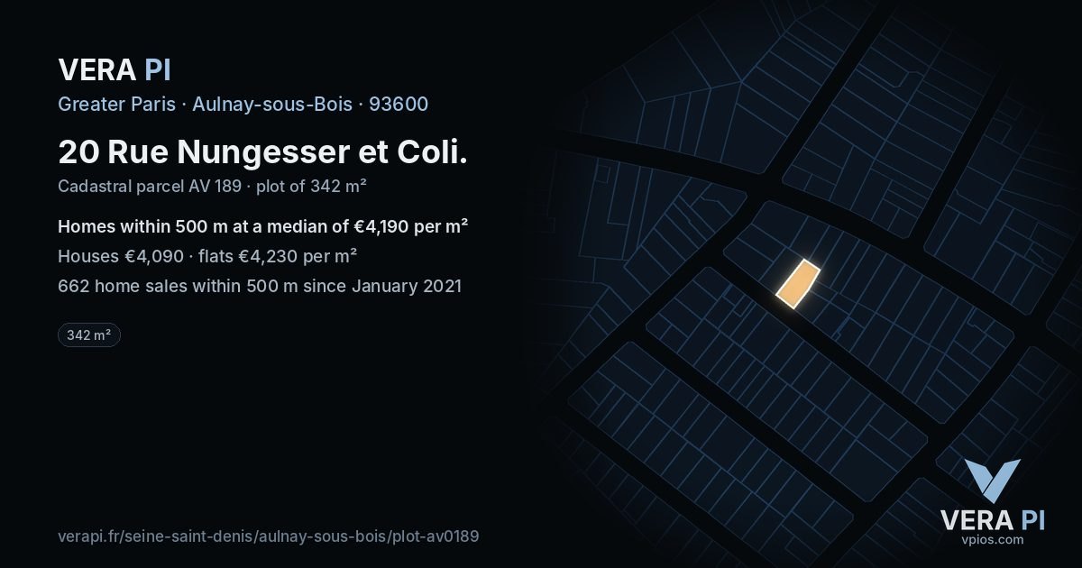 20 Rue Nungesser et Coli, Aulnay-sous-Bois at night – the plot lit, the parcels around coloured by the prices near them