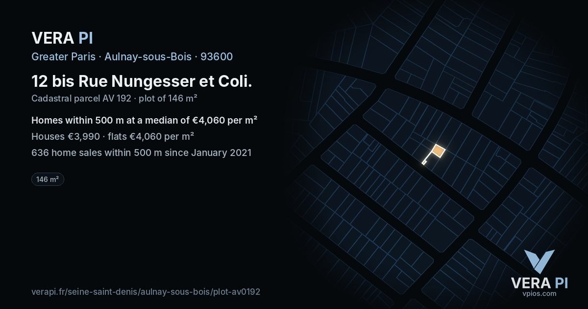 12 bis Rue Nungesser et Coli, Aulnay-sous-Bois at night – the plot lit, the parcels around coloured by the prices near them