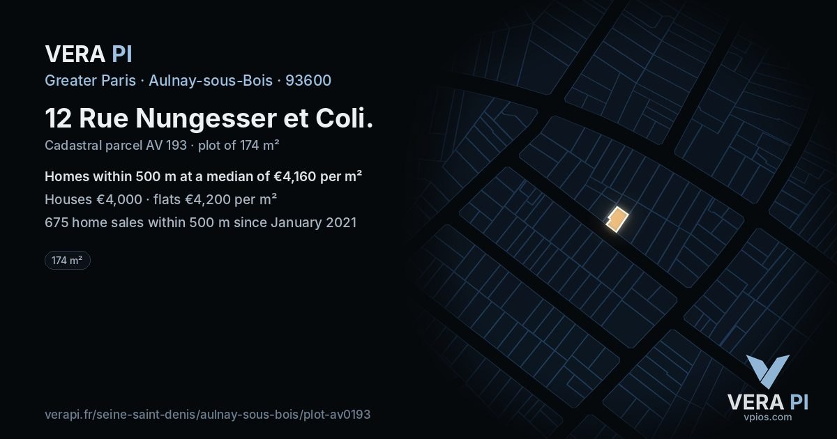 12 Rue Nungesser et Coli, Aulnay-sous-Bois at night – the plot lit, the parcels around coloured by the prices near them