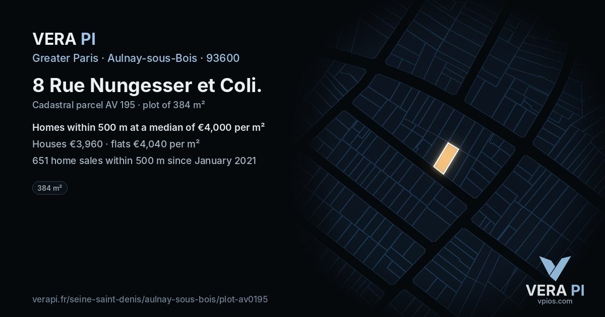 8 Rue Nungesser et Coli, Aulnay-sous-Bois at night – the plot lit, the parcels around coloured by the prices near them
