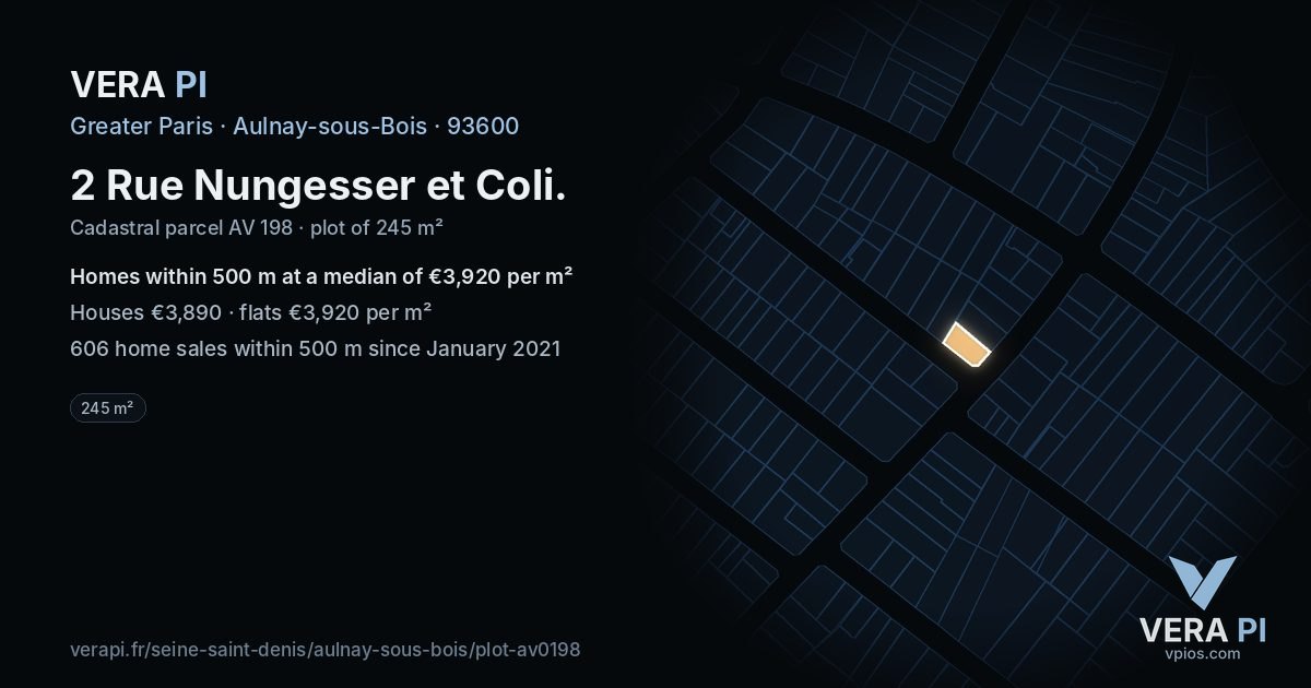 2 Rue Nungesser et Coli, Aulnay-sous-Bois at night – the plot lit, the parcels around coloured by the prices near them