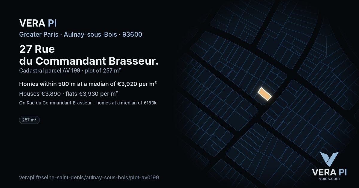 27 Rue du Commandant Brasseur, Aulnay-sous-Bois at night – the plot lit, the parcels around coloured by the prices near them