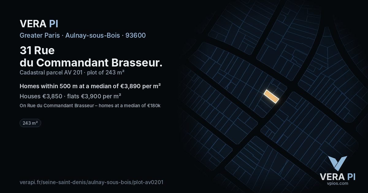 31 Rue du Commandant Brasseur, Aulnay-sous-Bois at night – the plot lit, the parcels around coloured by the prices near them