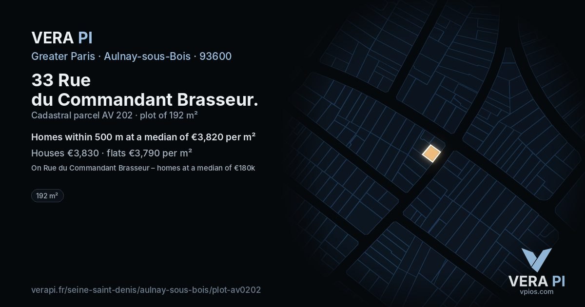 33 Rue du Commandant Brasseur, Aulnay-sous-Bois at night – the plot lit, the parcels around coloured by the prices near them