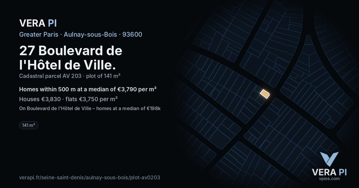 27 Boulevard de l'Hôtel de Ville, Aulnay-sous-Bois at night – the plot lit, the parcels around coloured by the prices near them