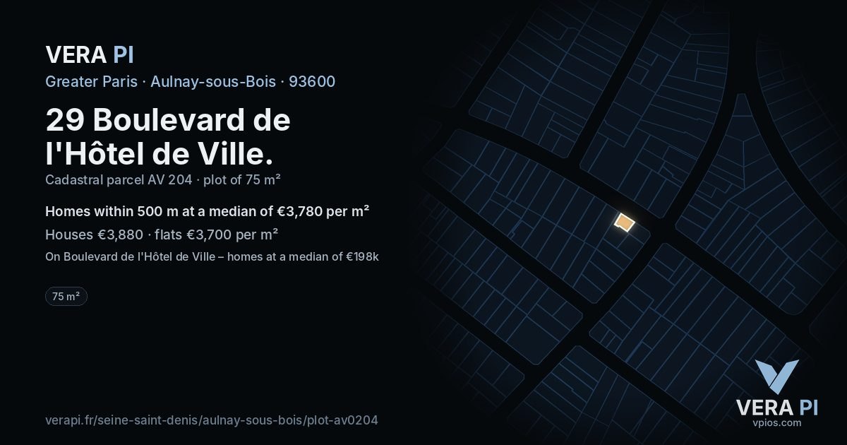 29 Boulevard de l'Hôtel de Ville, Aulnay-sous-Bois at night – the plot lit, the parcels around coloured by the prices near them
