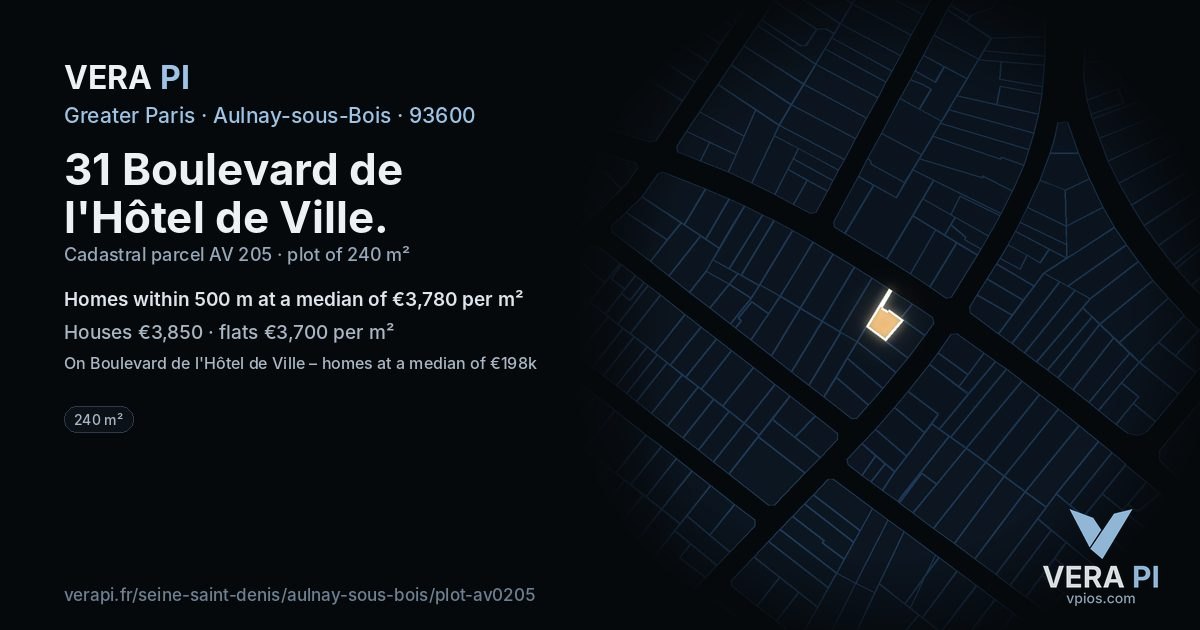 31 Boulevard de l'Hôtel de Ville, Aulnay-sous-Bois at night – the plot lit, the parcels around coloured by the prices near them